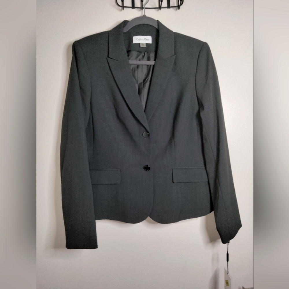 Calvin Klein (Size 12) Dark Gray Button Front LS Slip Pocket Blazer (NEW-NWT)